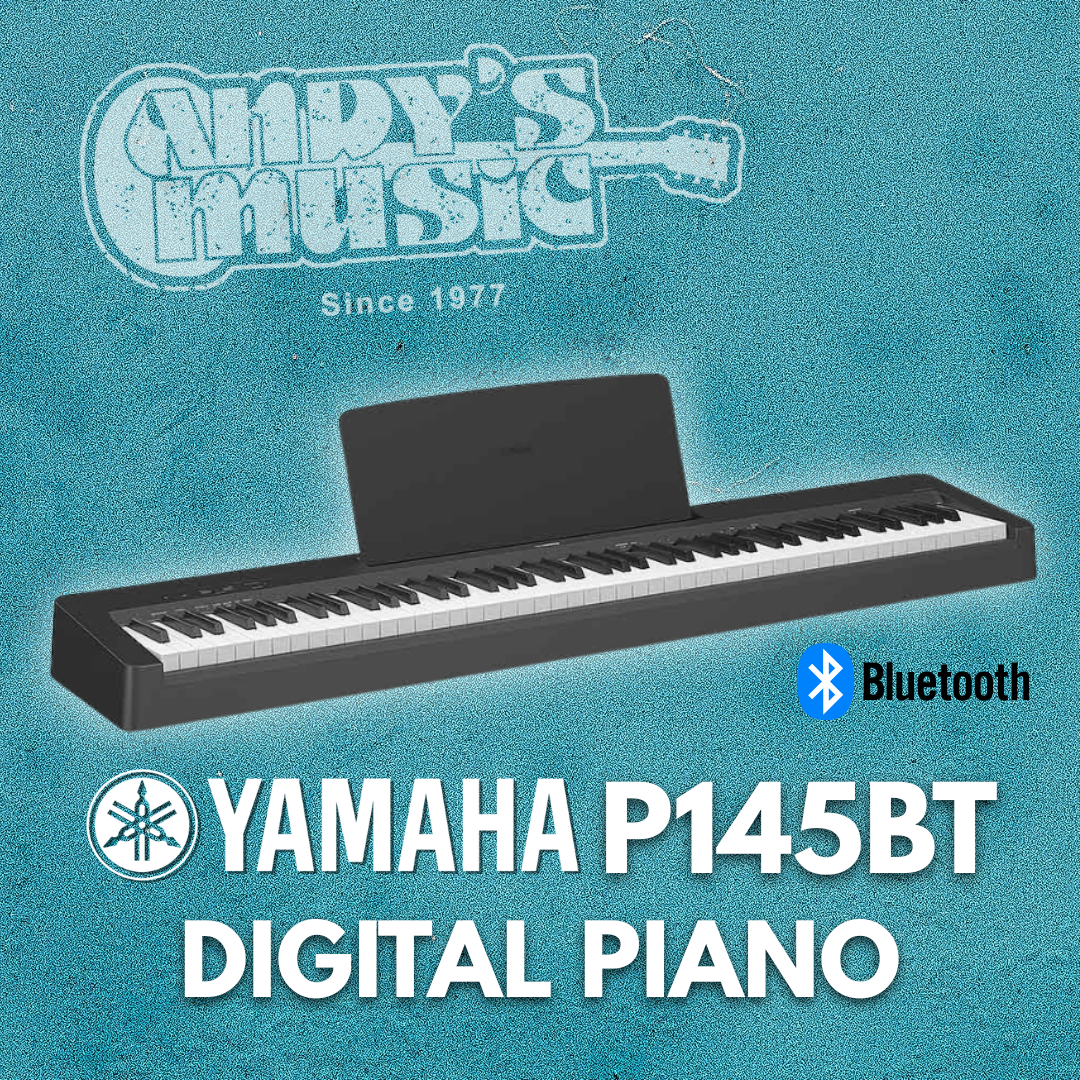 Yamaha P145BT digital piano with Bluetooth logo on a teal background featuring 'Andy's Music' branding.