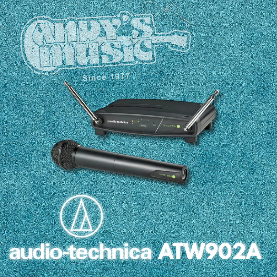 Wireless microphone and receiver set with Audio-Technica branding on a blue background.
