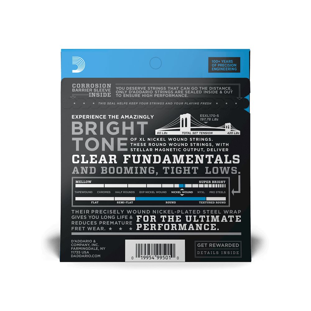 D'Addario 5-String Nickel Wound Bass Strings, Light, 45-130 EXL1705