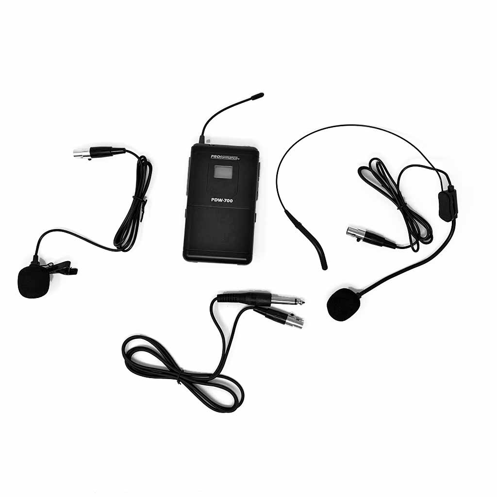 PROformance PDW700BPK Wireless Microphone Body Pack Kit with lavalier mic, head worn, mic and transmitter