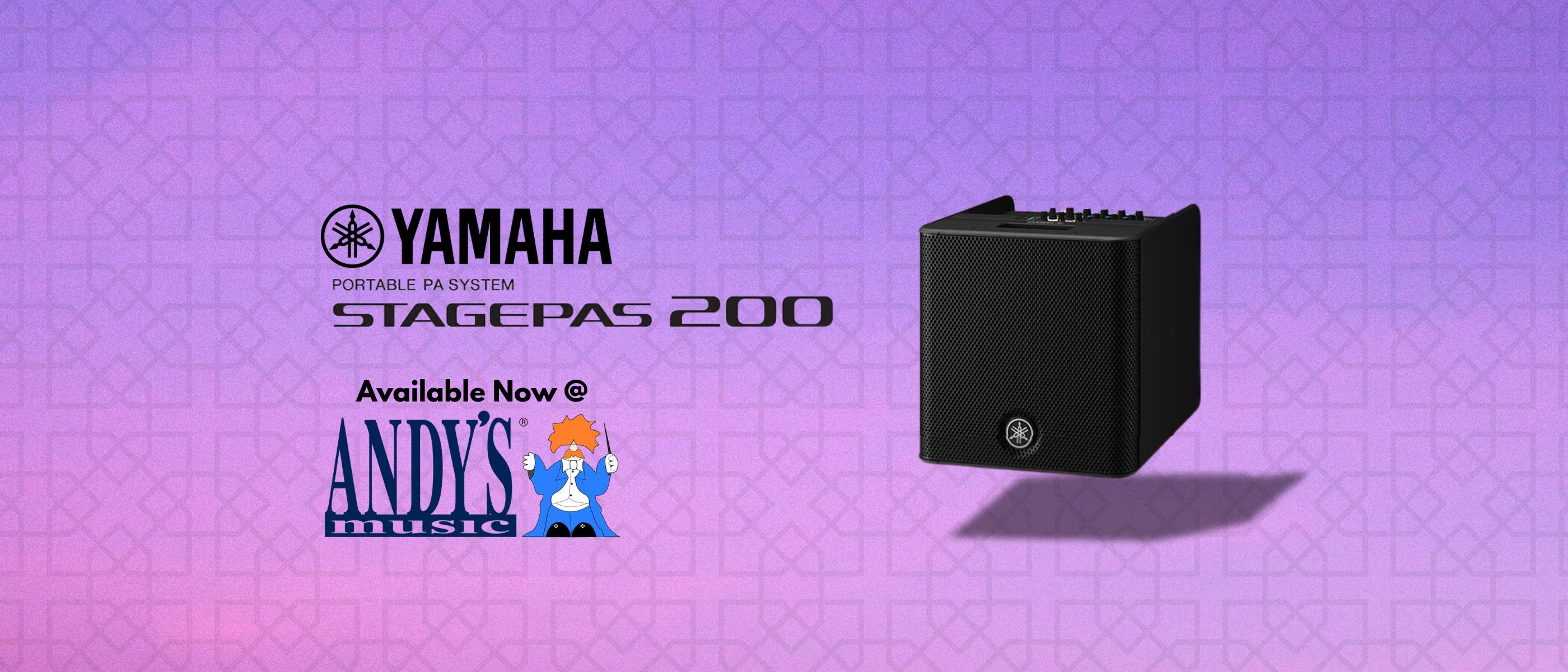Yamaha Stagepas 200 active speaker on a purple background with Andy's Music logo.
