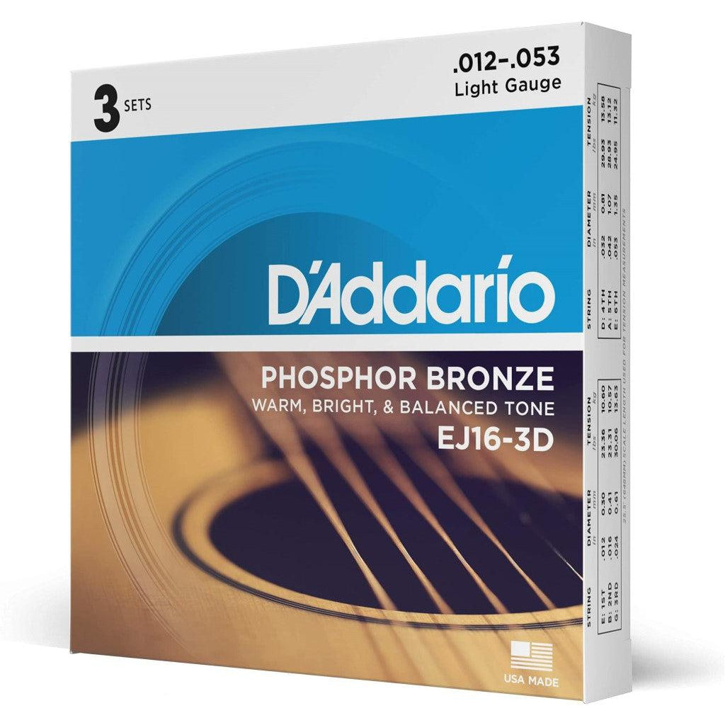 D'Addario EJ16-3D Phosphor Bronze Acoustic Guitar Strings 3-Pack