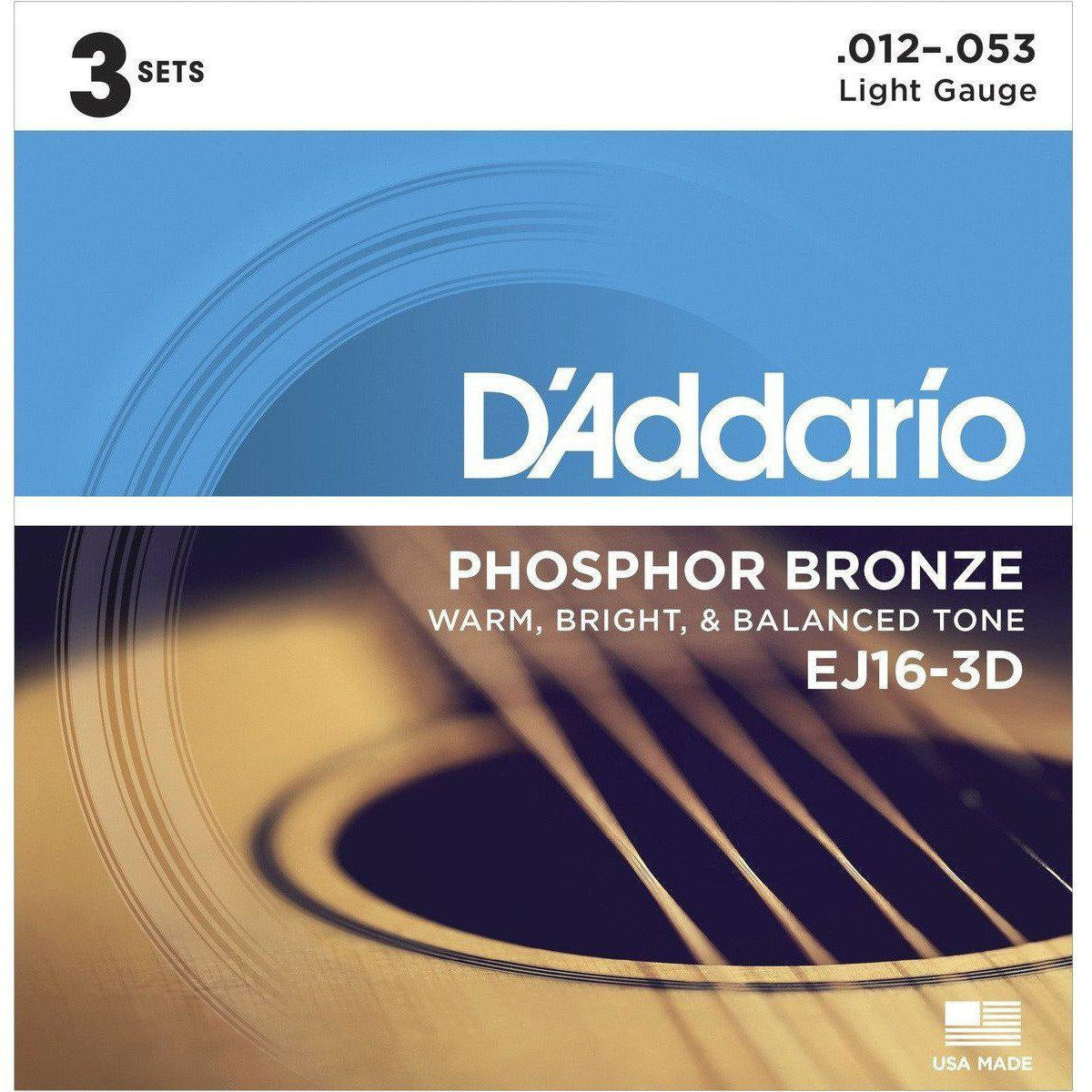 D'Addario EJ163D Phosphor Bronze Acoustic Guitar Strings 3-Pack Light, 12-53-Andy's Music