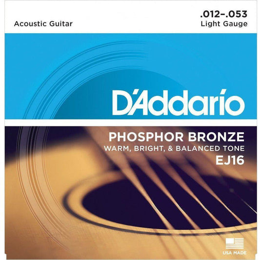 D'Addario EJ16 Phosphor Bronze Acoustic Guitar Strings, Light, 12-53-Andy's Music