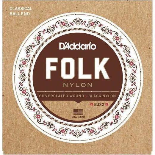 D'Addario EJ32 Folk Nylon, Ball End, Silver Wound/Black Nylon Trebles