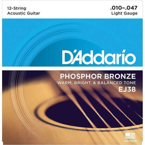 D'Addario EJ38 Phosphor Bronze 12-String Acoustic Guitar Strings, Light, 10-47