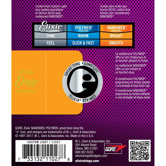 Elixir 11027 Nanoweb 80/20 Custom Light .011-.052-Andy's Music